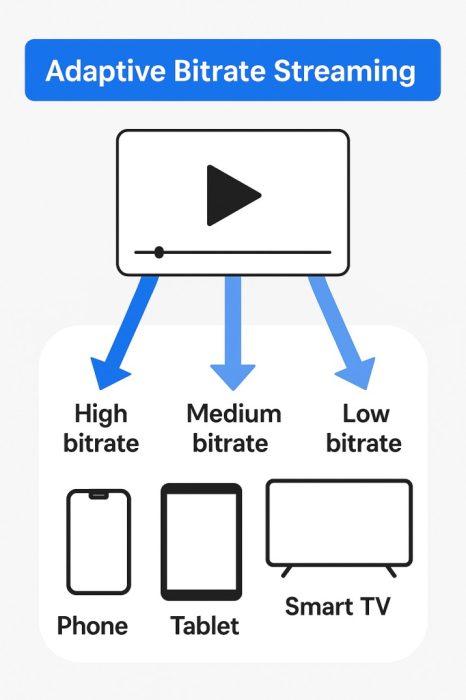 A diagram showing a video player delivering high, medium, and low bitrate streams to different devices (phone, tablet, smart TV) based on connection speed