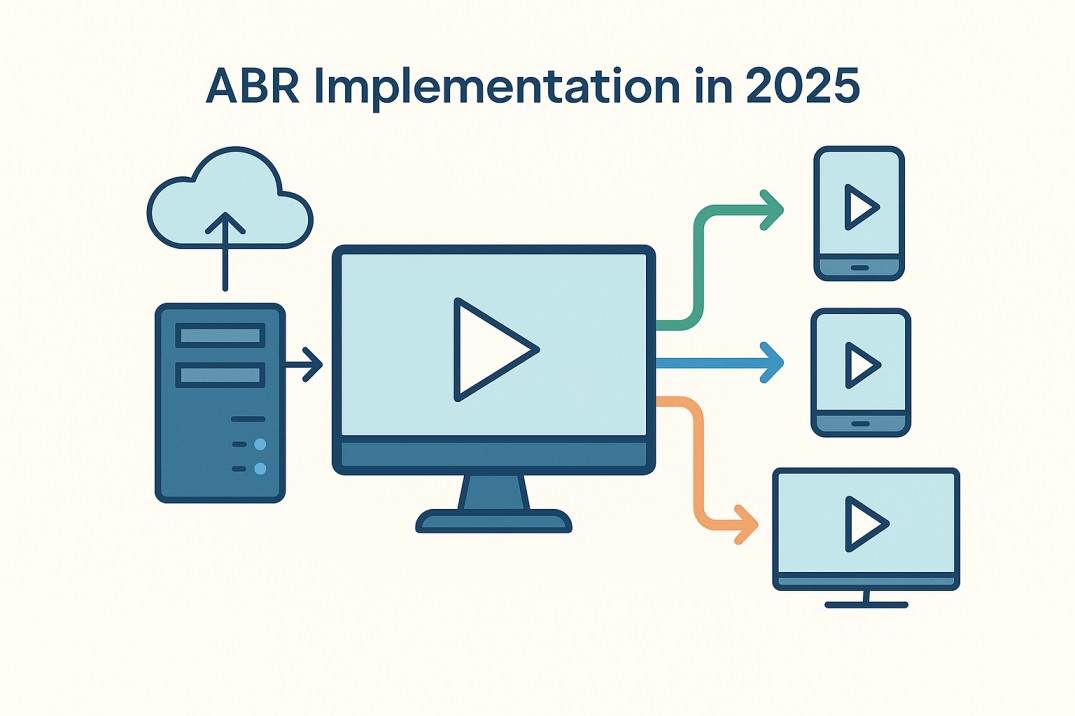 A server streams video through adaptive bitrate delivery to various devices, with colored arrows showing content optimized for phone, tablet, and TV screen types