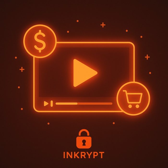 Glowing video player with dollar sign, cart, and INKRYPT logo for secure transactional video on demand