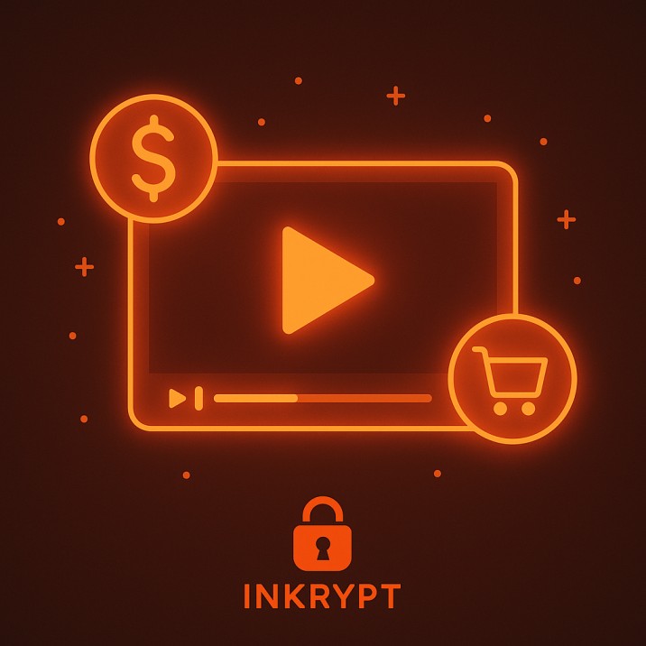 Glowing video player with dollar sign, cart, and INKRYPT logo for secure transactional video on demand