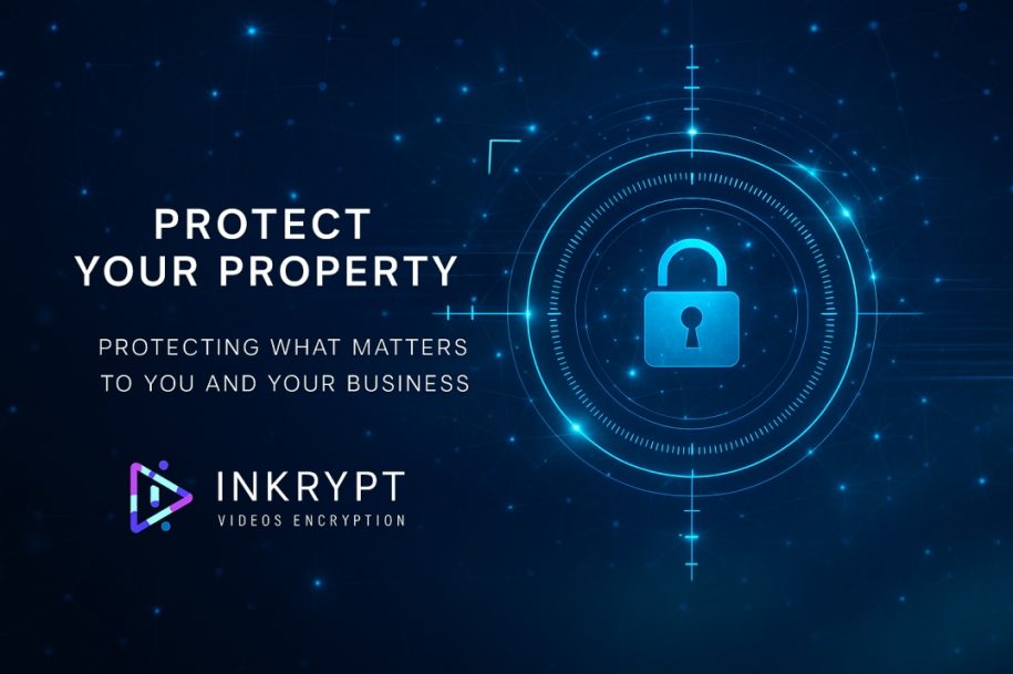 Lock icon with glowing circuits and INKRYPT logo, symbolizing secure online video content