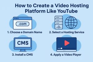 Four steps to build a video hosting site: domain name, hosting, CMS, and video player setup illustrated.