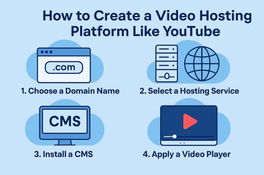 Four steps to build a video hosting site: domain name, hosting, CMS, and video player setup illustrated.