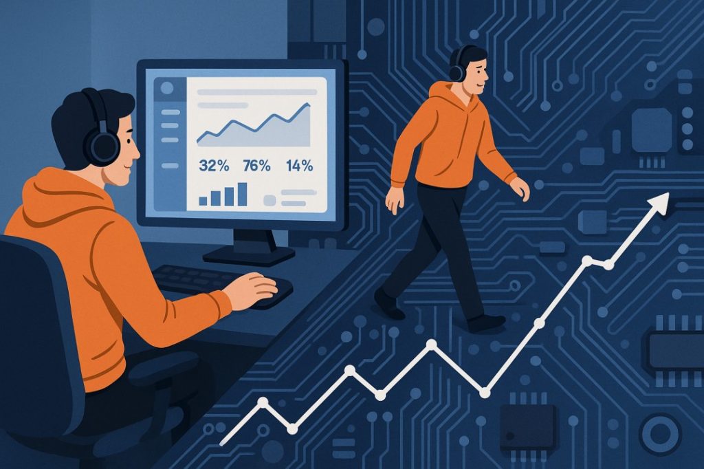 Person analyzing data on a computer while walking on a rising graph over a circuit board background.