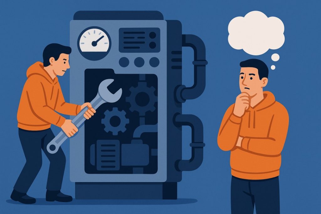 Man holding a wrench fixing a machine while another version of him stands thinking with a thought bubble.