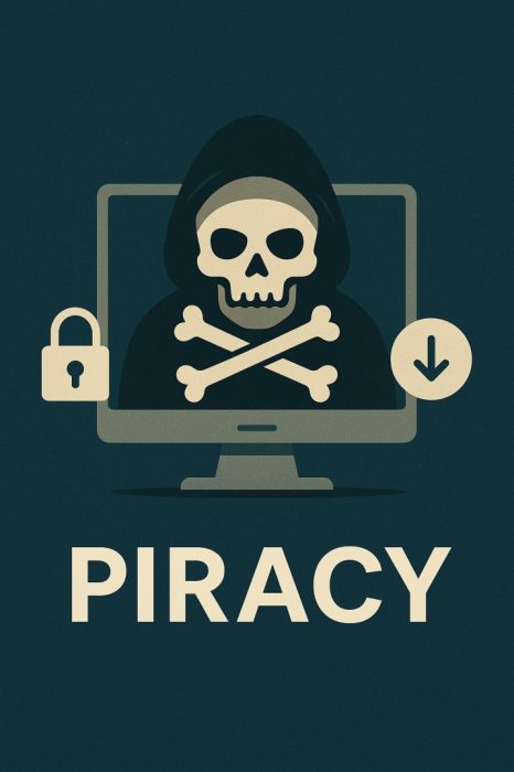 Illustration of digital video piracy showing a skull on a computer screen, symbolizing the cybersecurity risks of illegal video download tools in 2025.