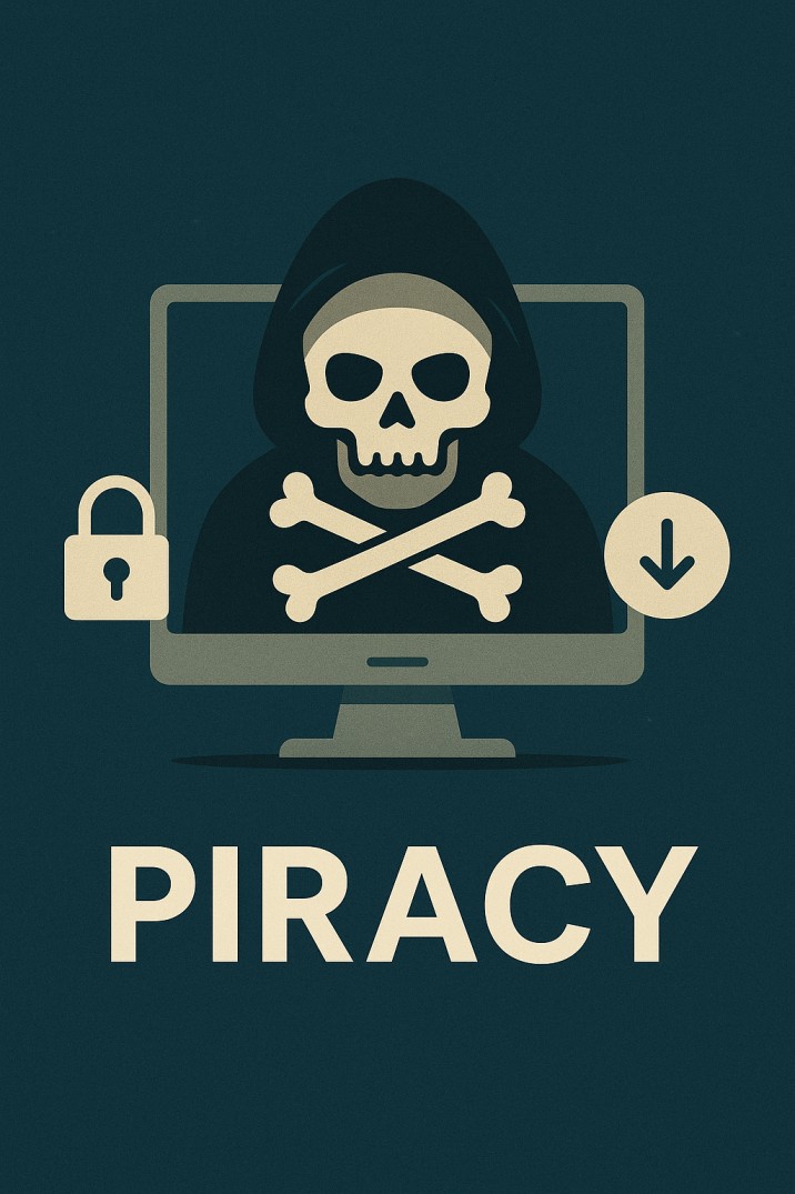 Illustration of digital video piracy showing a skull on a computer screen, symbolizing the cybersecurity risks of illegal video download tools in 2025.