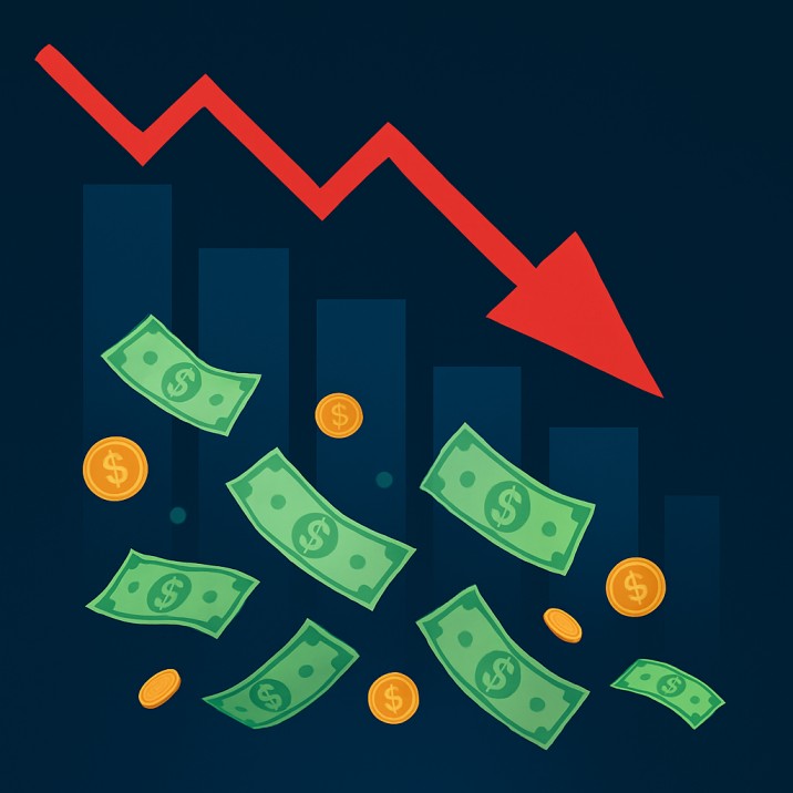 Illustration of falling money and a downward red arrow over a declining bar chart, symbolizing financial losses from video piracy in 2025