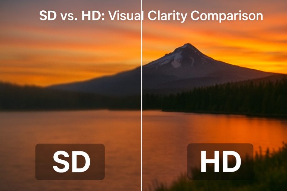 A sunset landscape comparison showing SD’s soft, low-resolution blur on the left and HD’s sharp, vivid clarity on the right