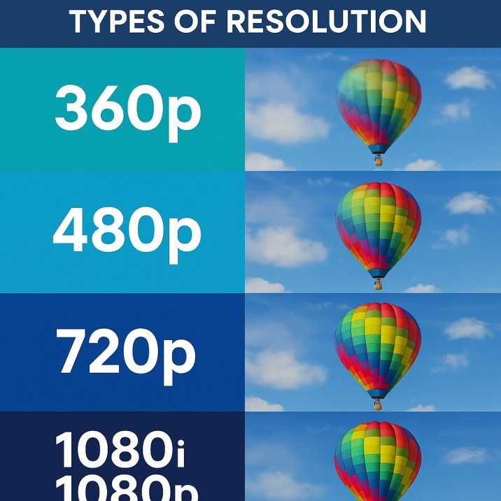 Infographic comparing 360p, 480p, 720p, 1080i, and 1080p using a hot air balloon image to illustrate increasing clarity and sharpness across resolutions