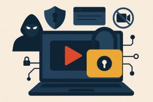 Illustration of a laptop secured by a digital padlock, surrounded by cybersecurity icons like a hacker, shield, and blocked camera—representing DRM protection for streaming content.