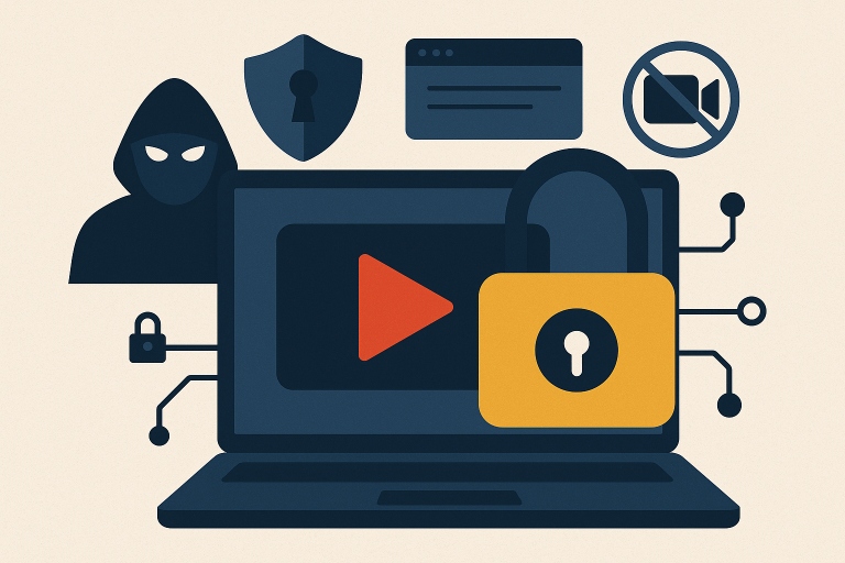 Illustration of a laptop secured by a digital padlock, surrounded by cybersecurity icons like a hacker, shield, and blocked camera—representing DRM protection for streaming content.