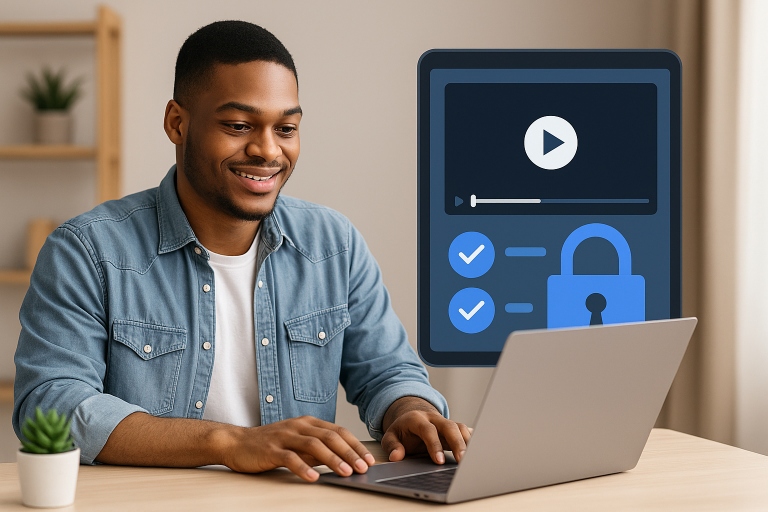 Young content creator securing video content on a laptop, with a digital overlay showing DRM protection features like video locks and verified checkmarks.