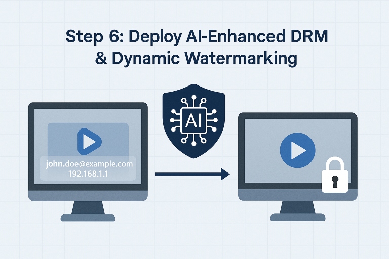 Diagram showing AI-enhanced DRM and dynamic watermarking protecting video content with secure playback and user-specific tracking.