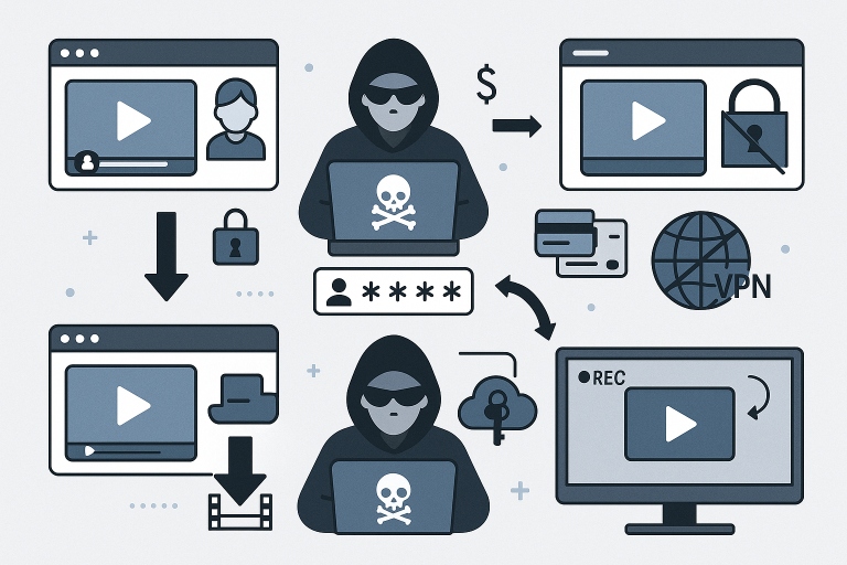 Flat-style illustration of video piracy tactics, showing masked hackers, download arrows, VPN icon, credit cards, and video screens representing credential theft, illegal downloads, and stream recording.