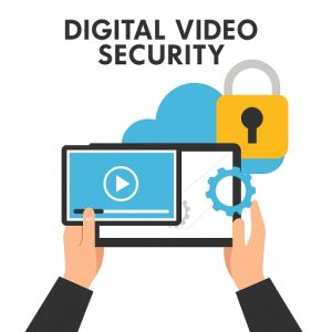 Illustration of hands holding a tablet with a video player interface, cloud storage, gear icon, and padlock symbol representing secure video streaming and digital content protection.