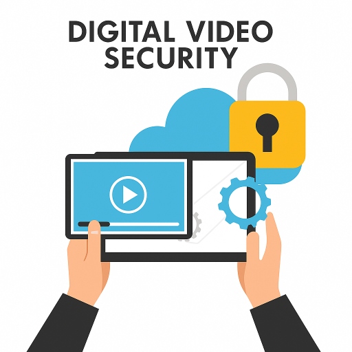 Illustration of hands holding a tablet with a video player interface, cloud storage, gear icon, and padlock symbol representing secure video streaming and digital content protection.