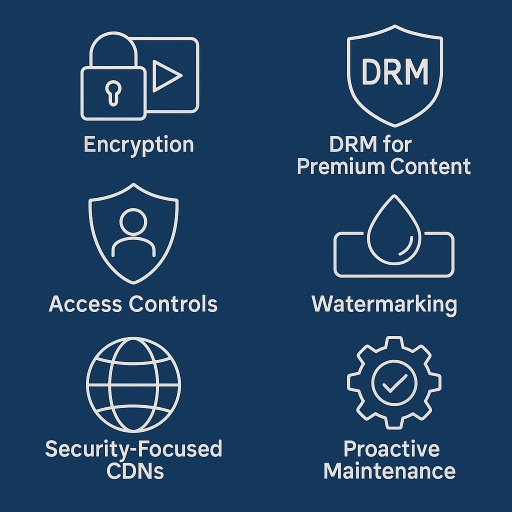 Illustration of 7 video hosting security tactics, including encryption, access controls, CDNs, DRM, watermarking, secure players, and proactive maintenance, represented by icons.