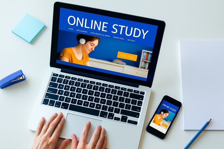 Person studying online using a laptop and smartphone with a vibrant e-learning platform interface on screen