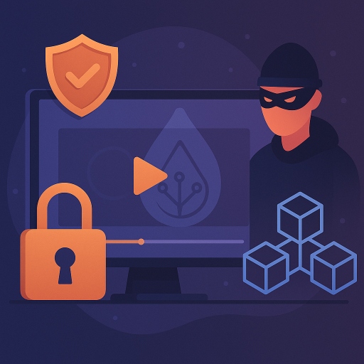 Digital illustration showing video security with a padlock, masked figure, and blockchain icons, representing video watermarking and anti-piracy protection.