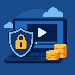 Illustration of a laptop displaying a video player interface, with a security shield and padlock icon in the foreground and gold coins stacked beside it.