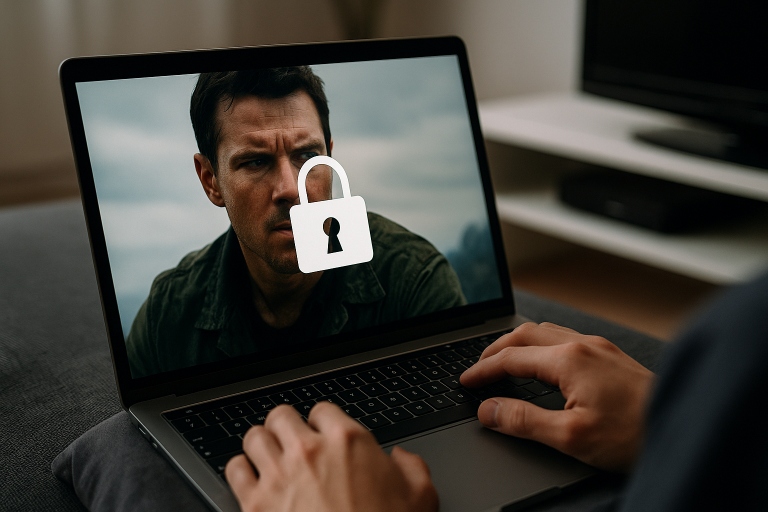 A person watching an encrypted movie on a laptop with a padlock icon overlaying the screen, symbolizing digital rights management and secure video streaming.

