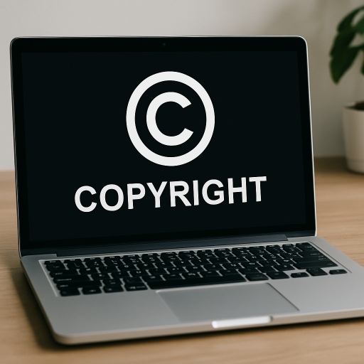 modern laptop on a wooden desk displaying the word "COPYRIGHT" with a copyright symbol on the screen. 