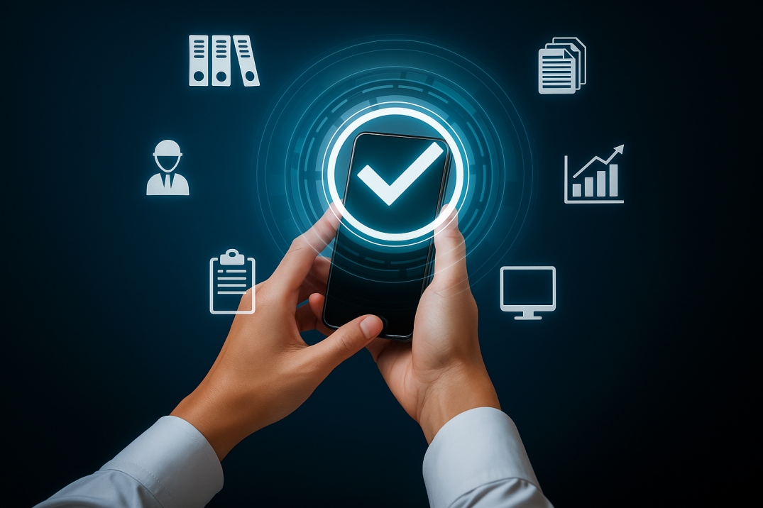 Hands holding a smartphone surrounded by digital interface icons, symbolizing control, data security, and the balance of access in DRM technology.