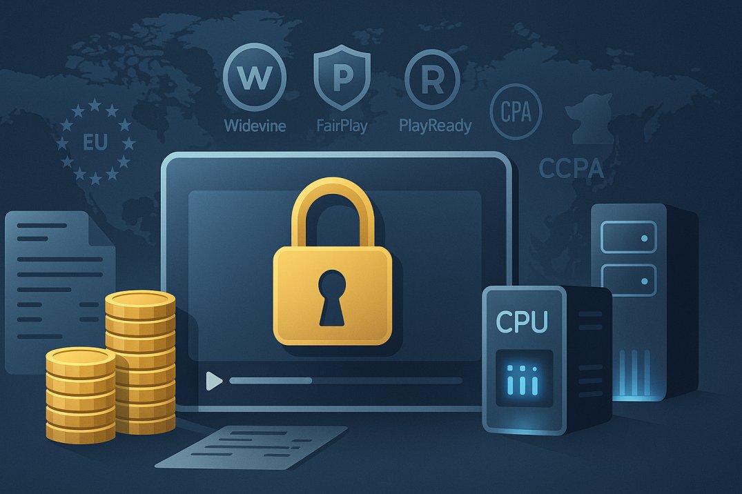 Illustration of video encryption costs showing padlock over video stream, DRM icons, server and bandwidth visuals, and legal compliance symbols.