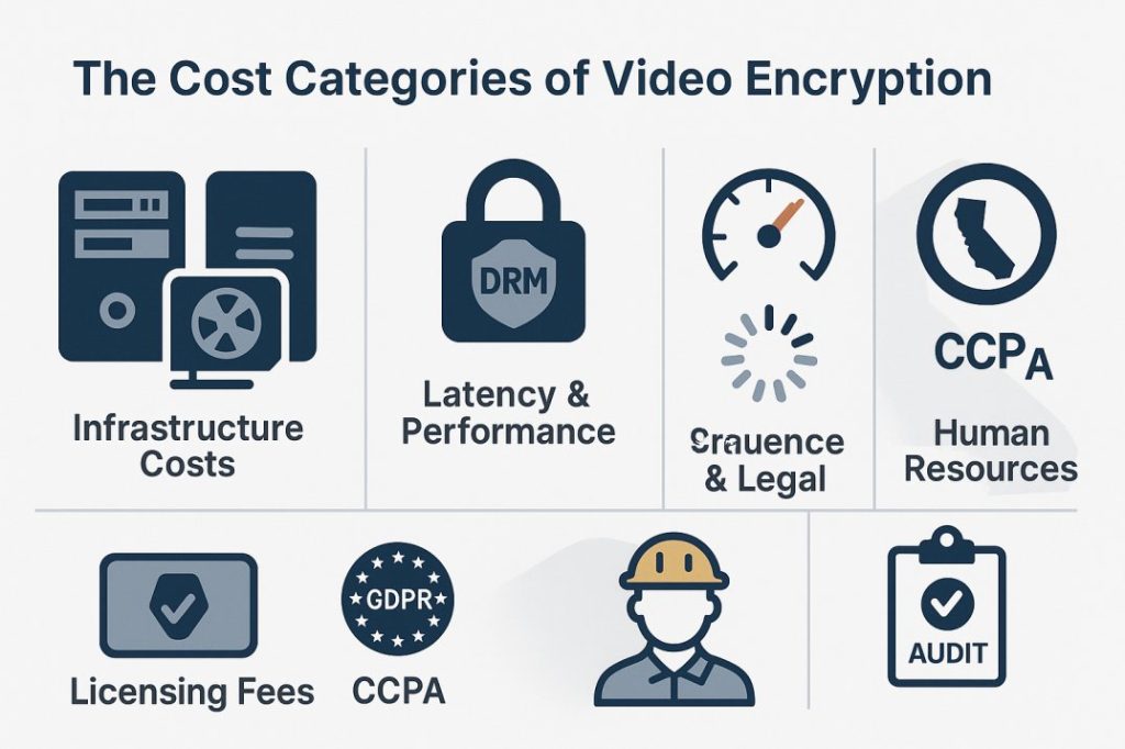 Infographic showing five key cost categories of video encryption: infrastructure, licensing, latency, compliance, and staffing.