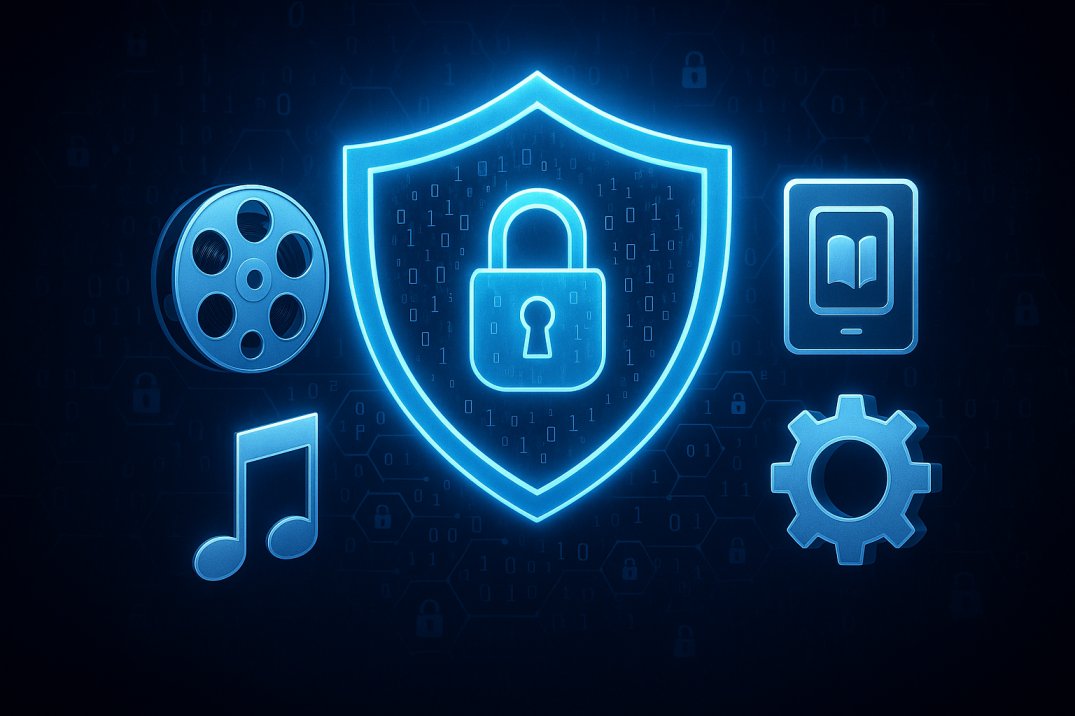 Illustration of DRM protecting digital content types like film, music, and software with a glowing digital shield