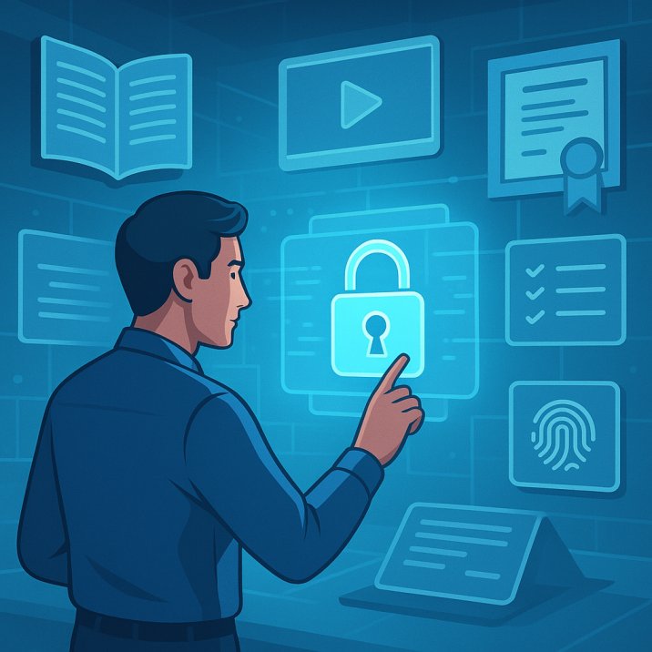 Educator securing e-learning materials with DRM in a digital classroom interface