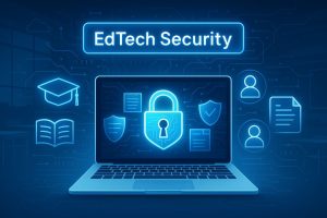 Digital padlock protecting online educational content with holographic shields, books, and student icons surrounding a secure laptop in a virtual classroom setting
