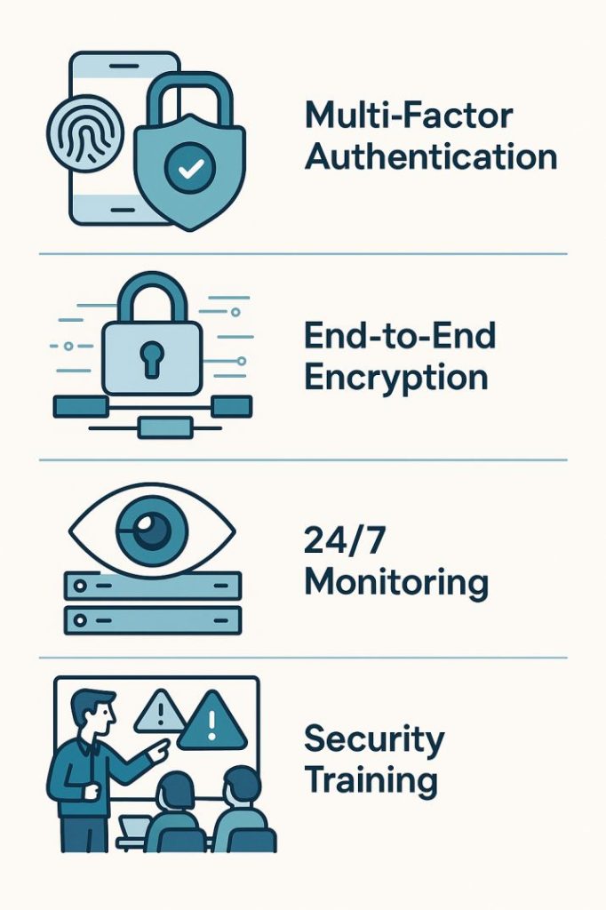 Infographic showing four EdTech security layers: multi-factor authentication, encryption, real-time monitoring, and user training with icons and labels