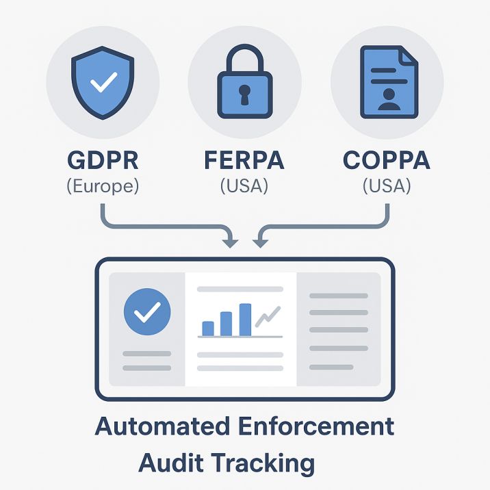 Visual overview of GDPR, FERPA, and COPPA compliance in EdTech video streaming