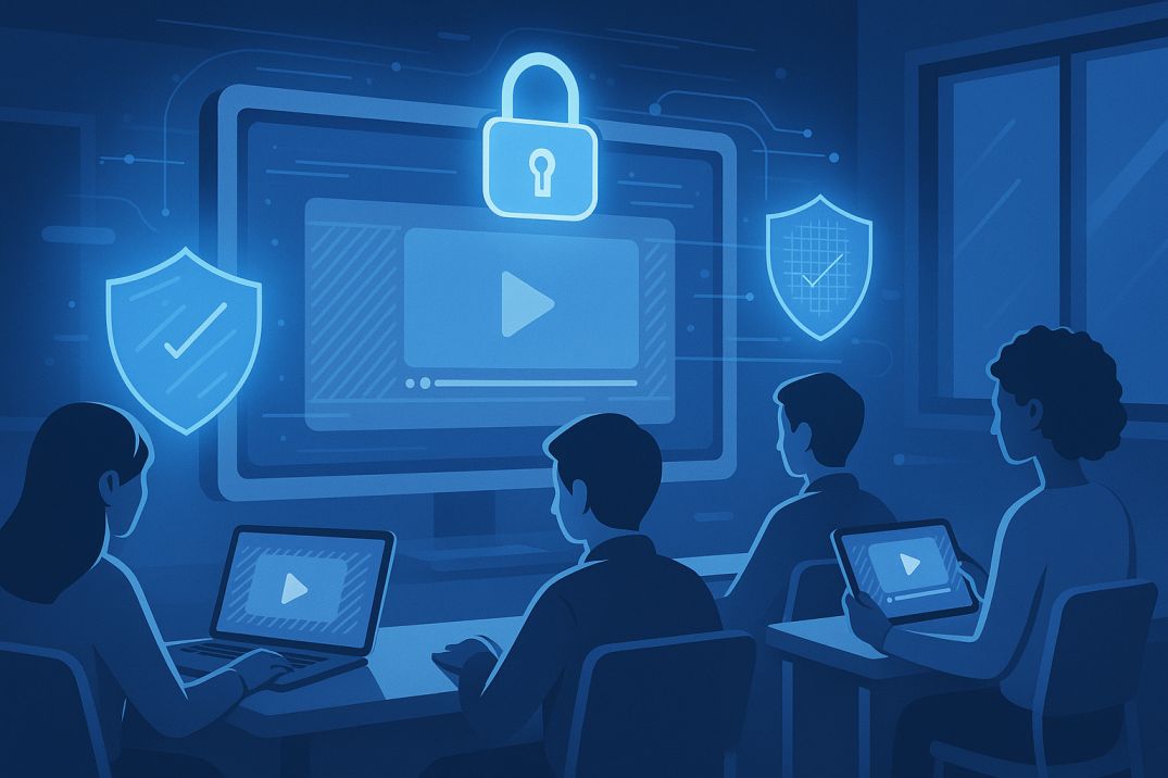 Students using DRM-encrypted video streaming in a secure EdTech classroom environment
