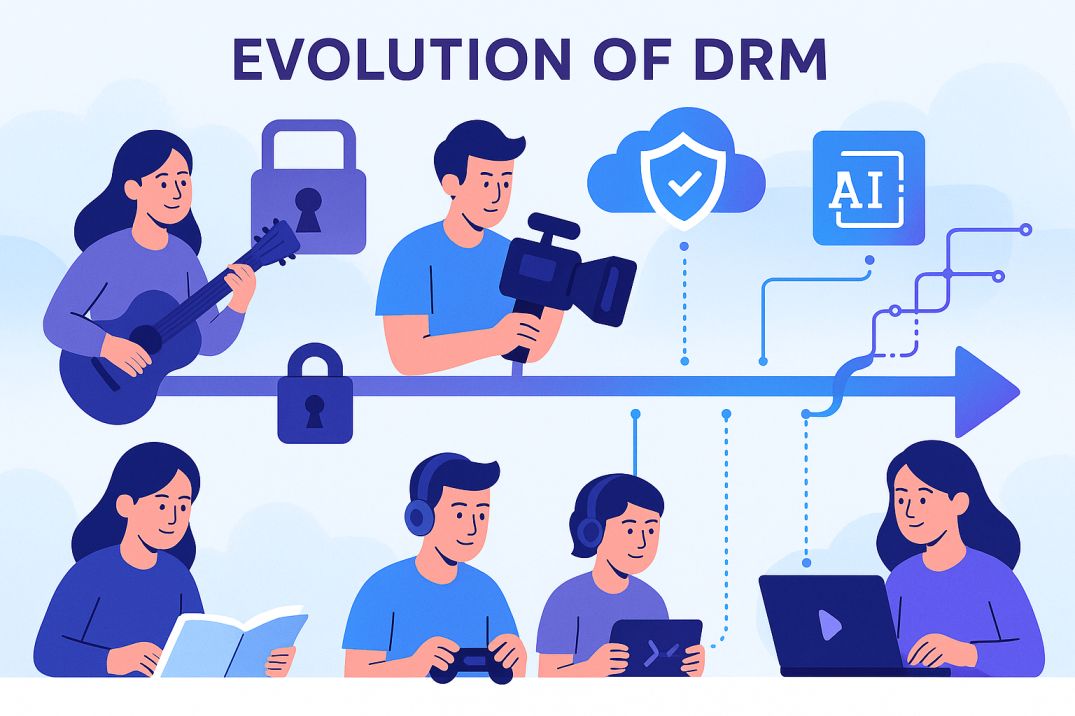 Illustration of DRM evolution from restriction to innovation with creators, users, and smart protection technologies.