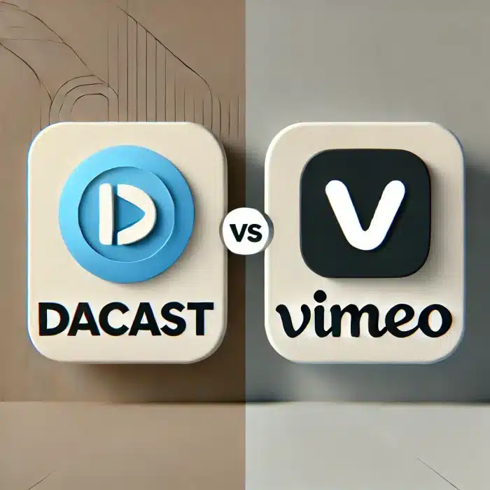 Dacast logo and Vimeo logo side by side for comparison, highlighting key differences between the two video streaming platforms.