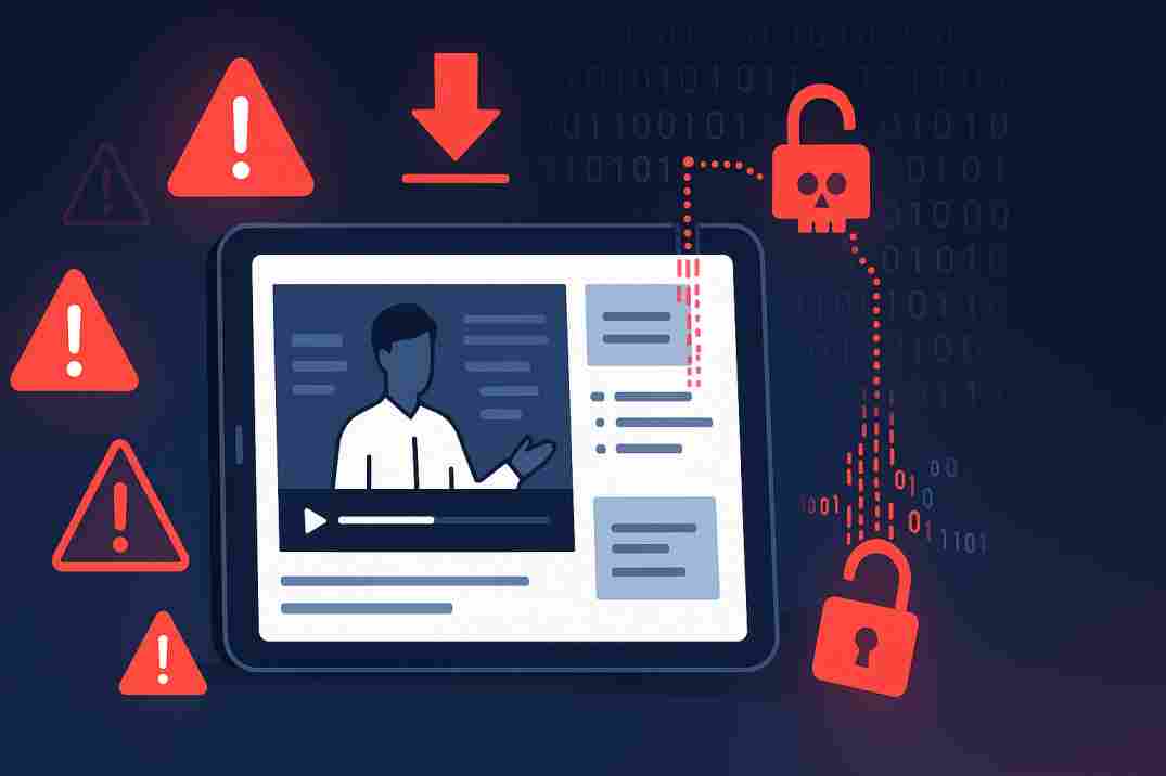 Educational video piracy warning signs illustration showing smartphone with course content surrounded by red security alerts, download threats, and cyber security warning icons on dark background