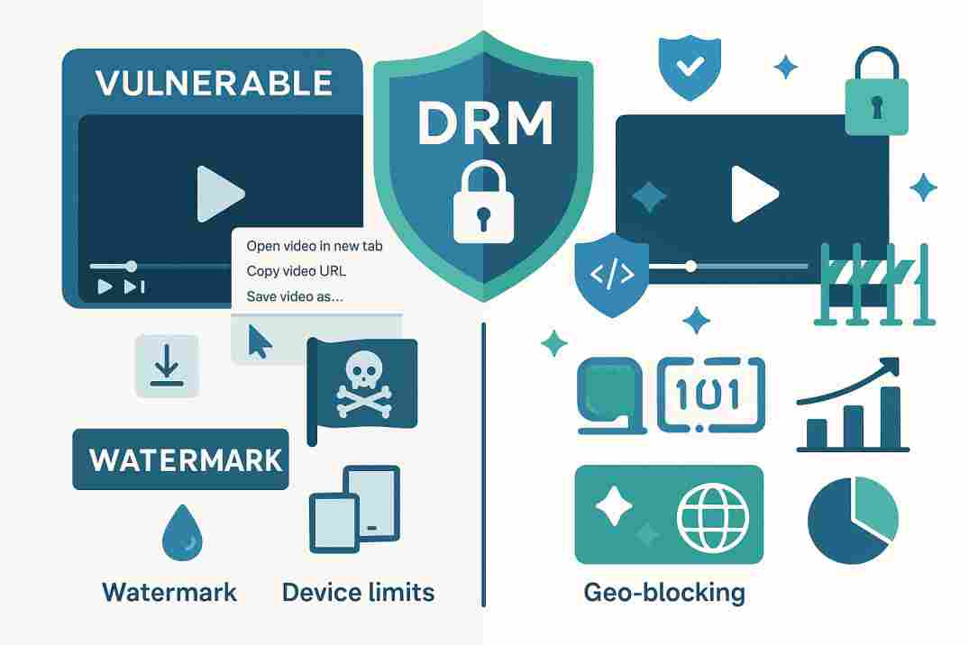 DRM protection comparison infographic showing vulnerable educational video vs protected content with encryption shields, security barriers, and digital rights management features
