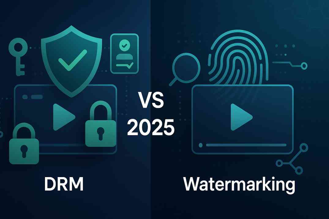 DRM vs watermarking video protection methods comparison illustration showing digital security shields and forensic watermarking technology for 2025 content protection