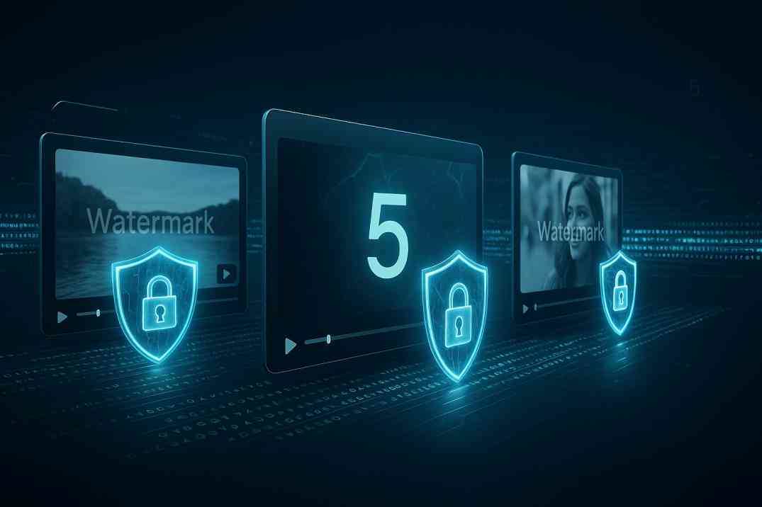 Five advanced video watermarking techniques protecting digital content with dynamic security shields and encrypted data streams on multiple screens