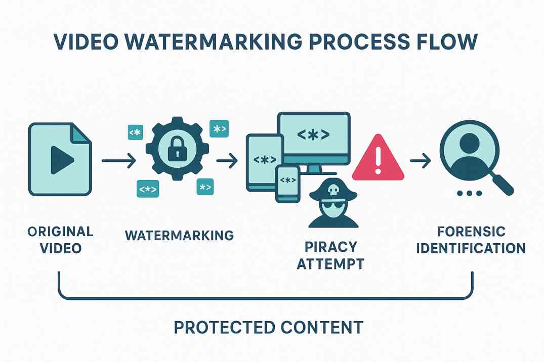 Video watermarking workflow diagram showing 5 stages from content protection through piracy detection and forensic identification