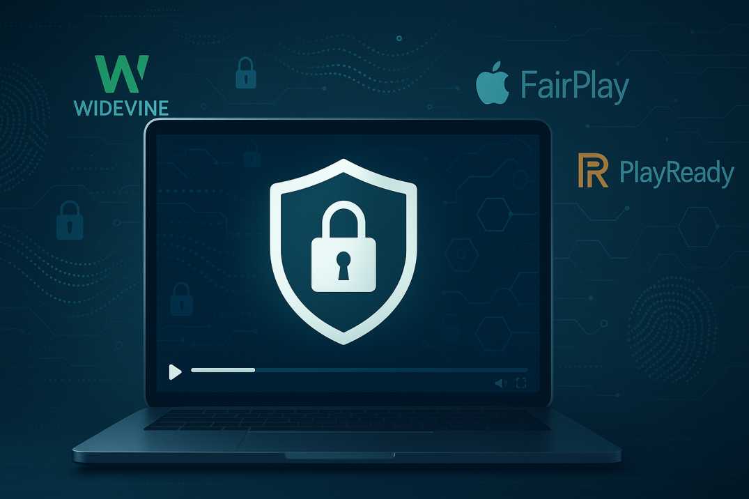 Modern laptop displaying video player with digital security shield overlay, surrounded by encryption elements representing screen recording protection and DRM technologies