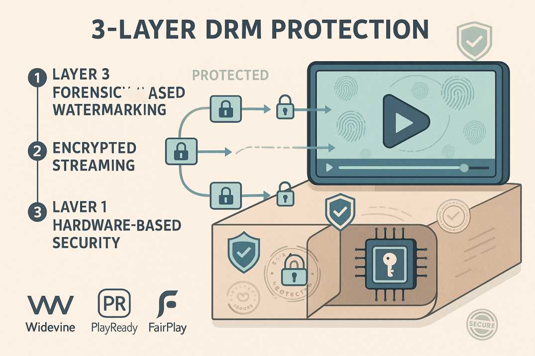 Technical diagram showing three-layer DRM protection system with hardware security, encrypted streaming, and forensic watermarking for comprehensive screen recording prevention