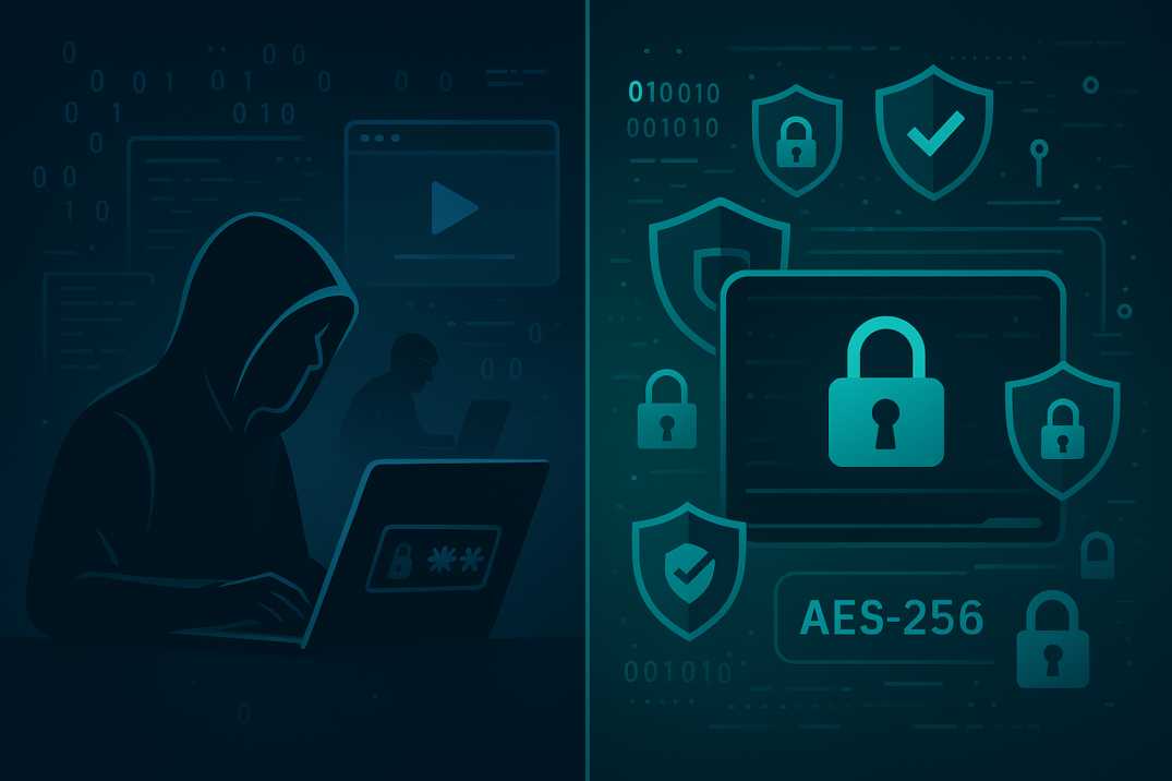 Comparison illustration showing weak password protection versus advanced video encryption with DRM security layers and digital shields