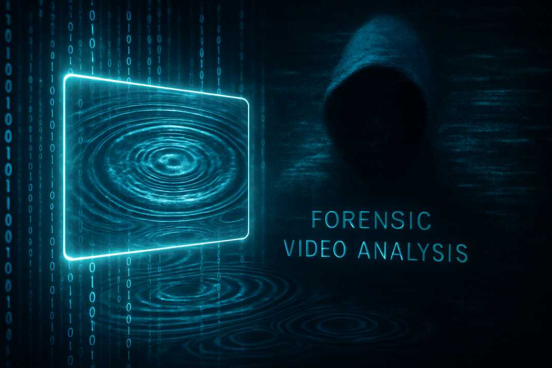 A futuristic digital illustration showing binary code and water ripple effects over a glowing video frame, symbolizing forensic video watermarking against piracy.