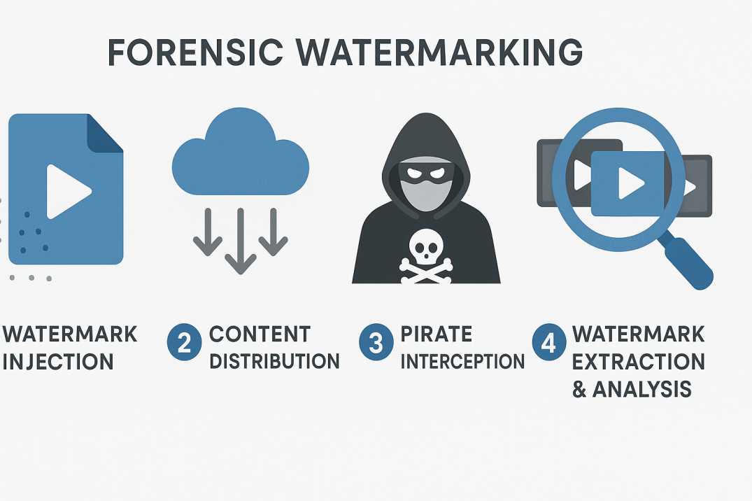 Infographic illustrating the four stages of forensic video watermarking: embedding, distribution, piracy interception, and forensic analysis.