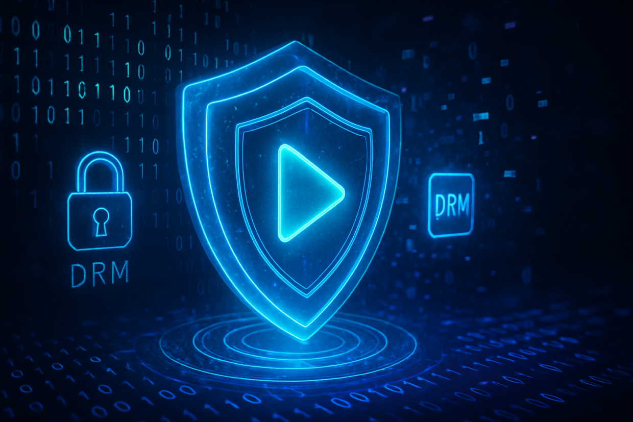 A digital video play icon surrounded by holographic shields and encryption symbols, representing video download protection and DRM encryption.