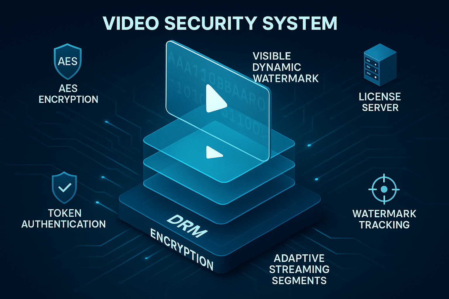 Diagram showing a multi-layered video protection system with DRM encryption, adaptive streaming segments, and dynamic watermarking.
